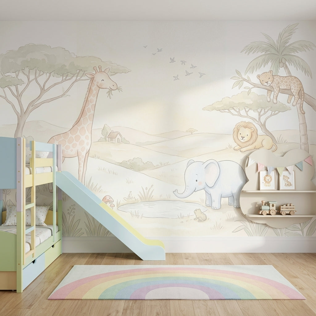 Safari Hayvanlı Poster Duvar Kağıdı Pastel Çocuk Odası Duvar Muralı