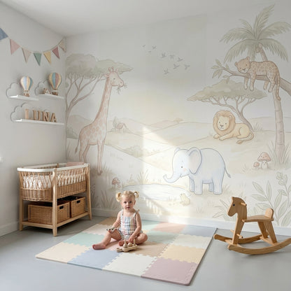 Safari Hayvanlı Poster Duvar Kağıdı Pastel Çocuk Odası Duvar Muralı