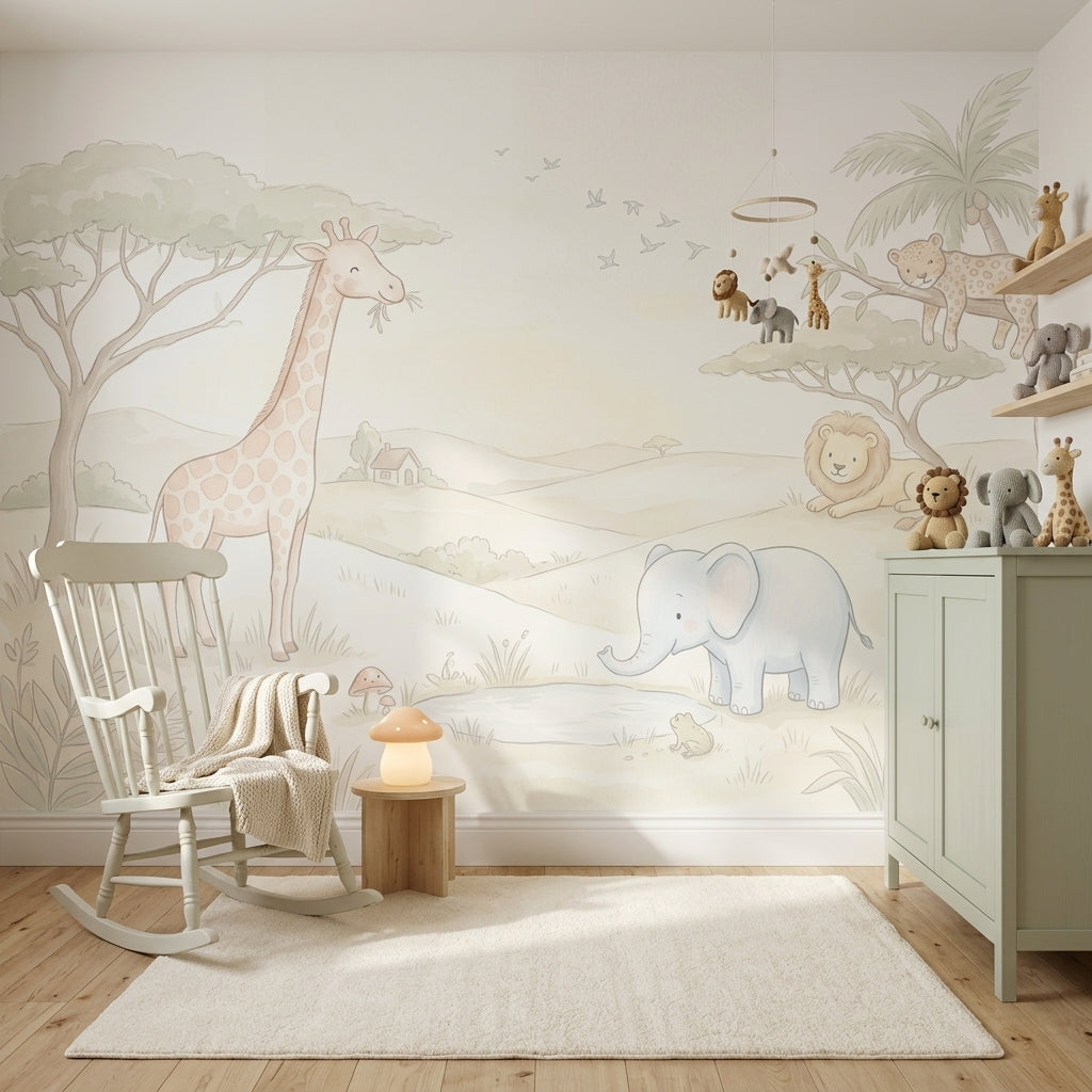 Safari Hayvanlı Poster Duvar Kağıdı Pastel Çocuk Odası Duvar Muralı