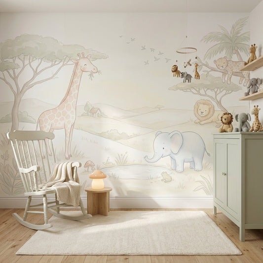 Safari Hayvanlı Poster Duvar Kağıdı Pastel Çocuk Odası Duvar Muralı