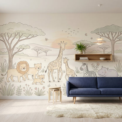 Safari Hayvanlı Poster Duvar Kağıdı Pastel Çocuk Odası Desenli