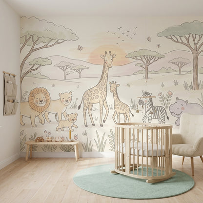 Safari Hayvanlı Poster Duvar Kağıdı Pastel Çocuk Odası Desenli