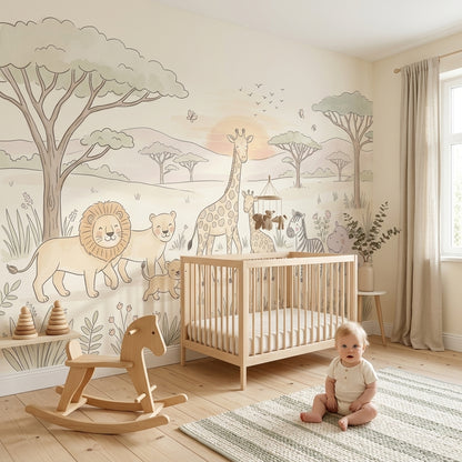 Safari Hayvanlı Poster Duvar Kağıdı Pastel Çocuk Odası Desenli