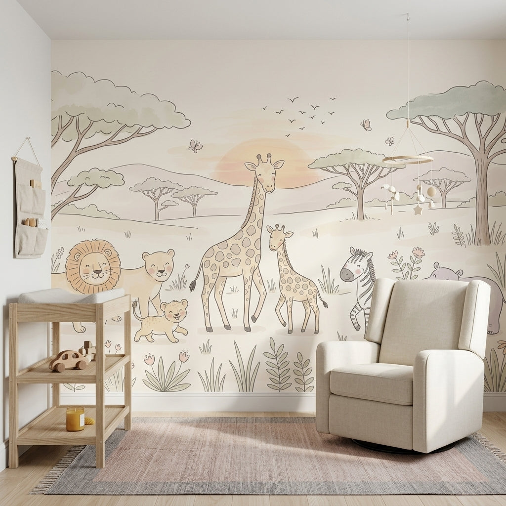 Safari Hayvanlı Poster Duvar Kağıdı Pastel Çocuk Odası Desenli