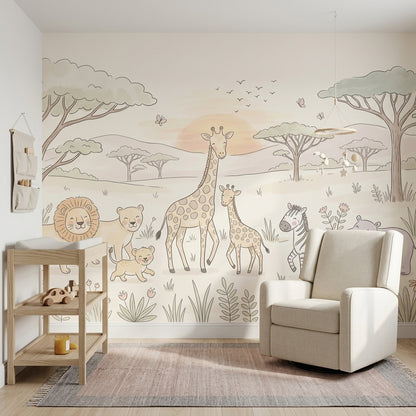 Safari Hayvanlı Poster Duvar Kağıdı Pastel Çocuk Odası Desenli