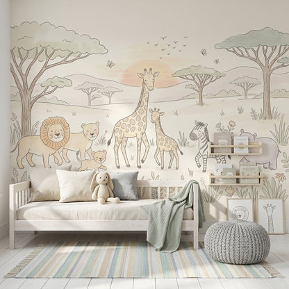 Safari Hayvanlı Poster Duvar Kağıdı Pastel Çocuk Odası Desenli