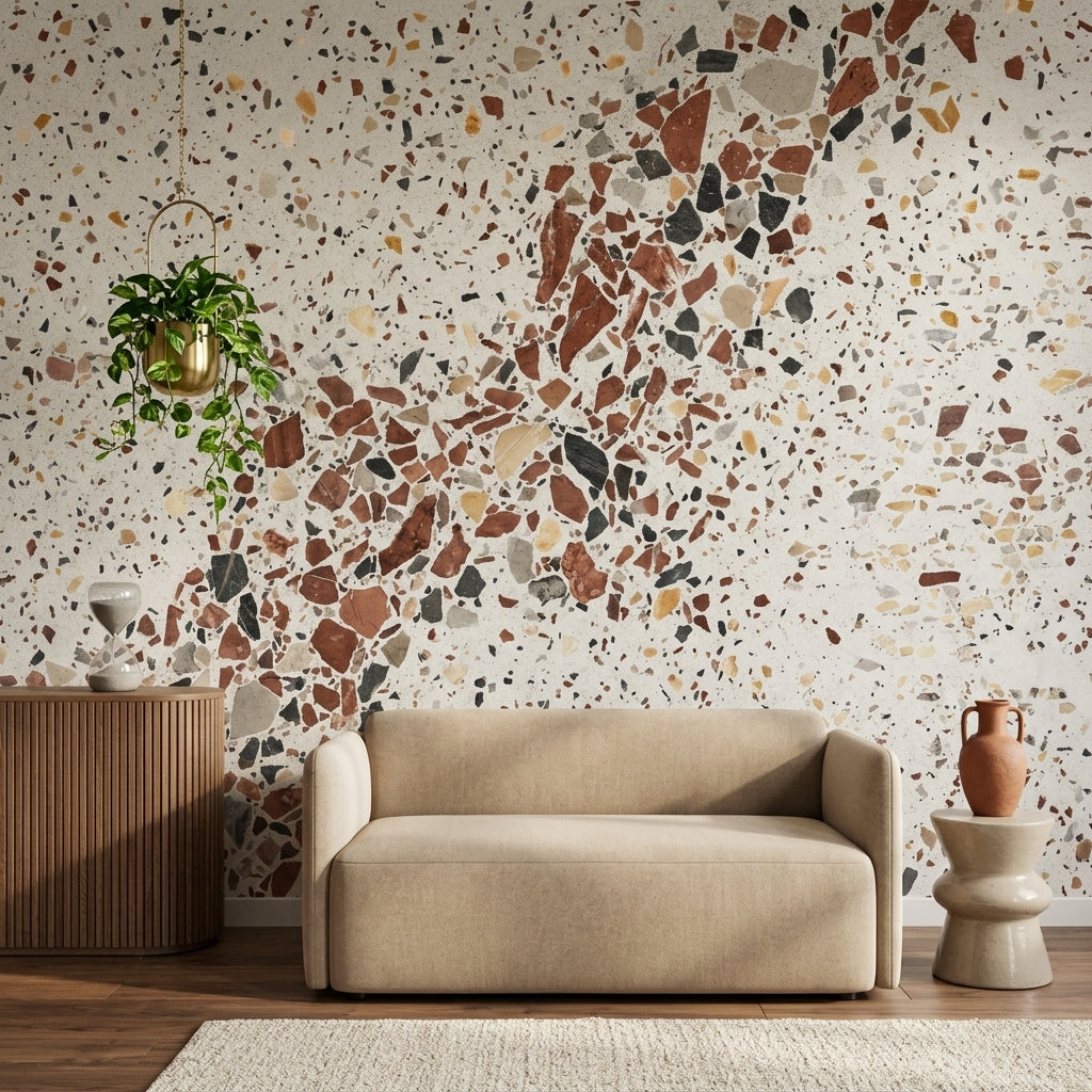Terrazzo Desenli Poster Duvar Kağıdı Bej Kahverengi Salon Duvarı