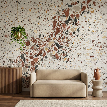 Terrazzo Desenli Poster Duvar Kağıdı Bej Kahverengi Salon Duvarı