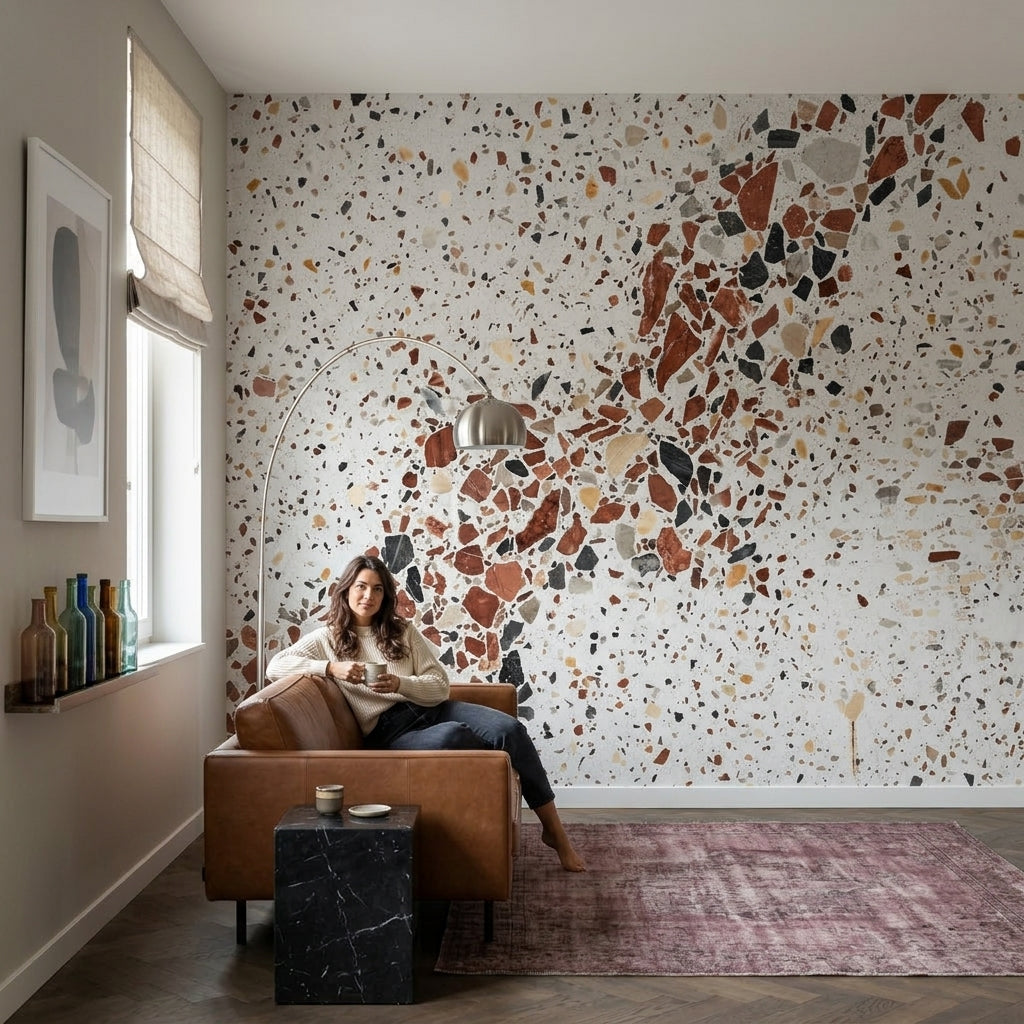 Terrazzo Desenli Poster Duvar Kağıdı Bej Kahverengi Salon Duvarı