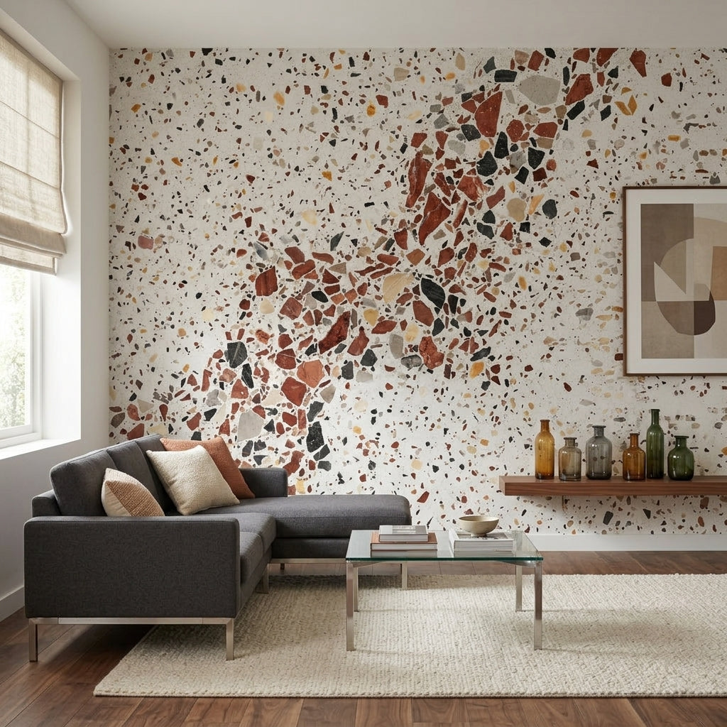 Terrazzo Desenli Poster Duvar Kağıdı Bej Kahverengi Salon Duvarı