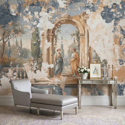 Klasik Roma Bahçesi Poster Duvar Kağıdı Bej Gri Salon