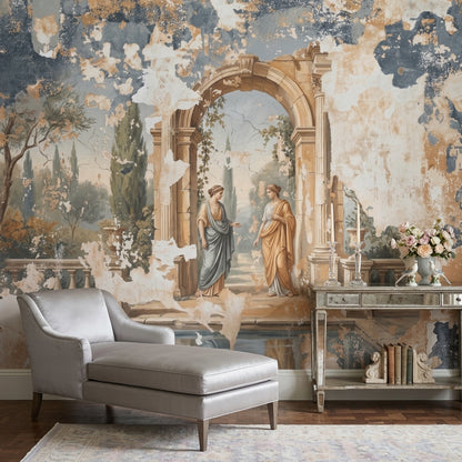 Klasik Roma Bahçesi Poster Duvar Kağıdı Bej Gri Salon