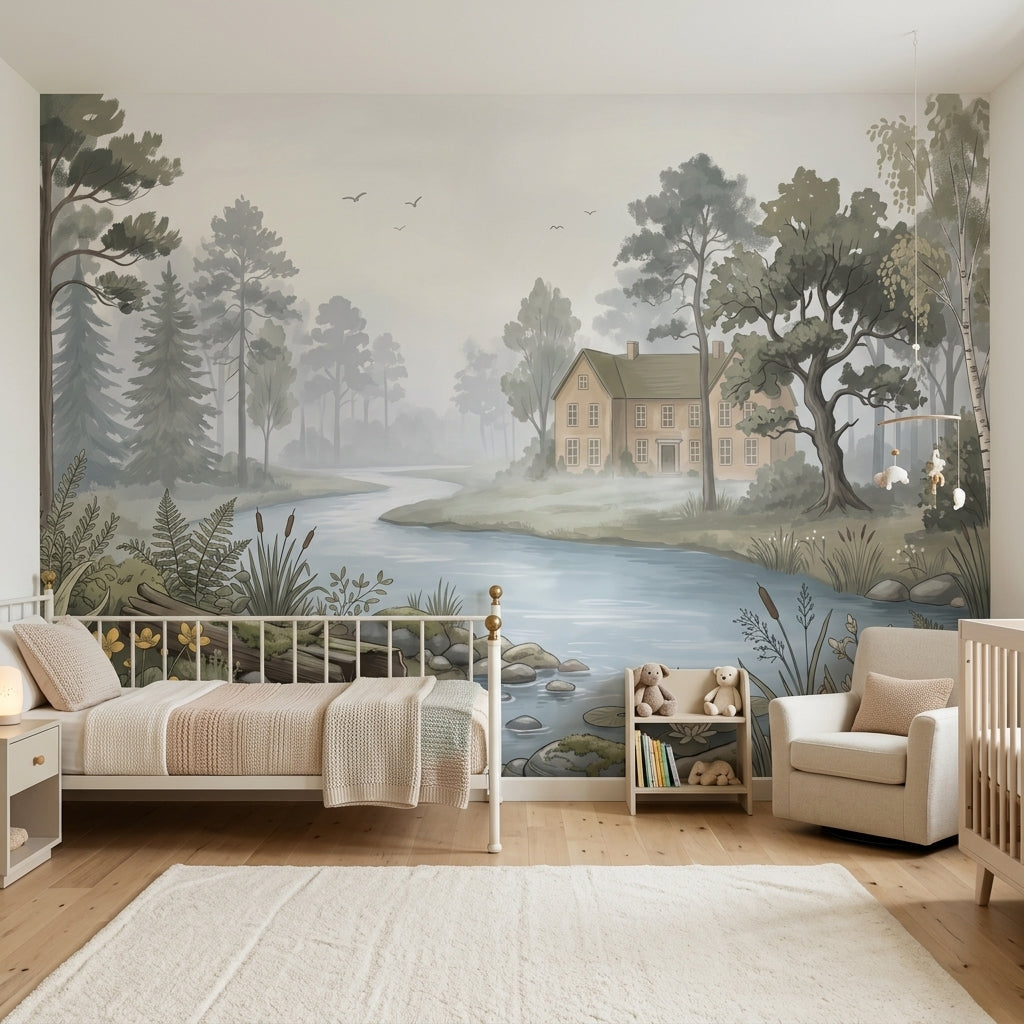 Nehir ve Orman Manzaralı Poster Duvar Kağıdı Pastel Salon