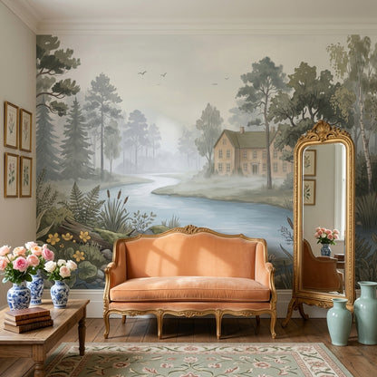 Nehir ve Orman Manzaralı Poster Duvar Kağıdı Pastel Salon