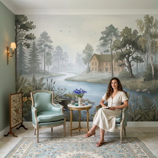 Nehir ve Orman Manzaralı Poster Duvar Kağıdı Pastel Salon