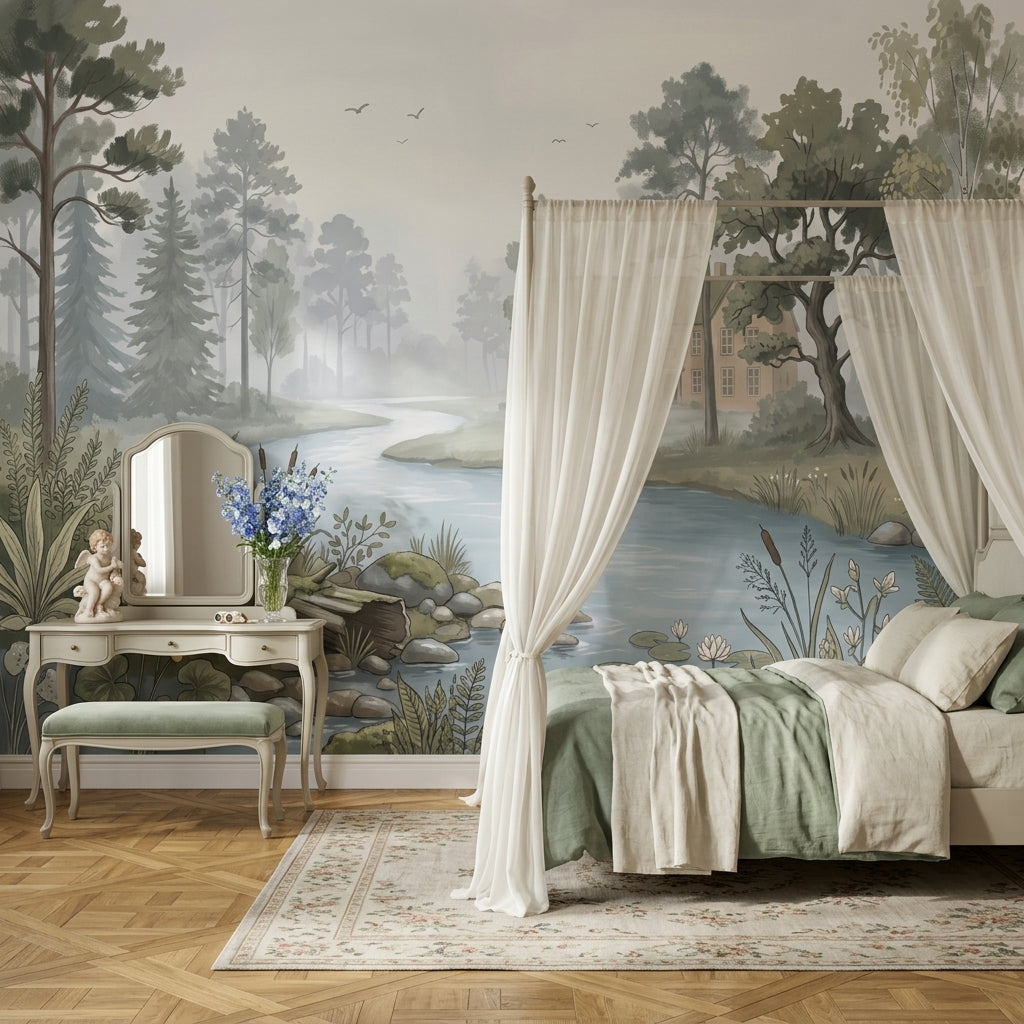 Nehir ve Orman Manzaralı Poster Duvar Kağıdı Pastel Salon