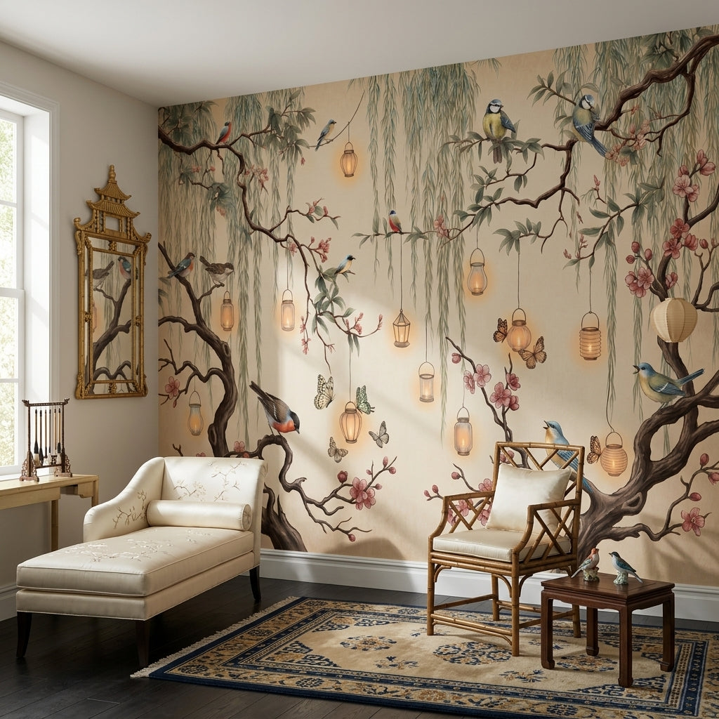 Kuşlu ve Fenerli Ağaç Dalları Poster Duvar Kağıdı Salon