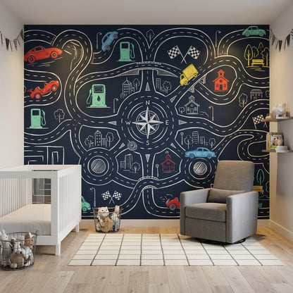 Araba ve Yol Haritalı Poster Duvar Kağıdı Lacivert Çocuk Odası