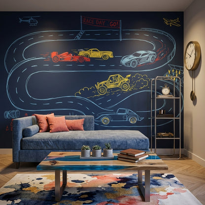 Yarış Arabalı Poster Duvar Kağıdı Neon Çizimli Genç Odası