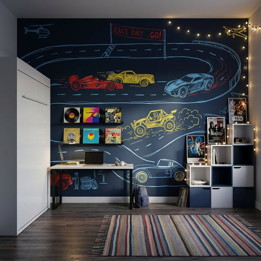 Yarış Arabalı Poster Duvar Kağıdı Neon Çizimli Genç Odası