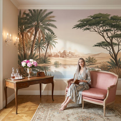 Palmiye ve Çöl Manzaralı Poster Duvar Kağıdı Bej Yeşil Salon
