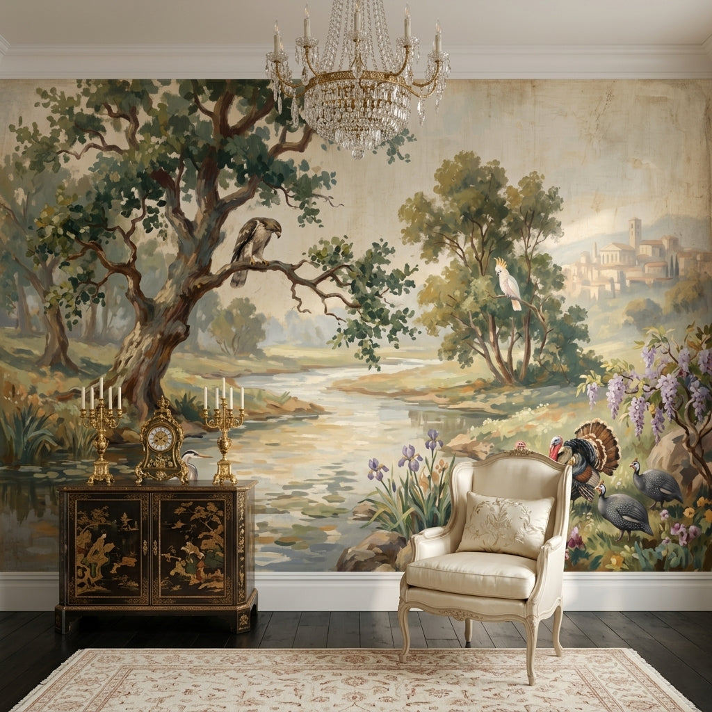 Kuşlu Göl Manzarası Poster Duvar Kağıdı Klasik Salon