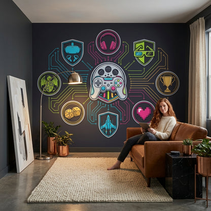 Neon Oyun Temalı Poster Duvar Kağıdı Siyah Genç Odası