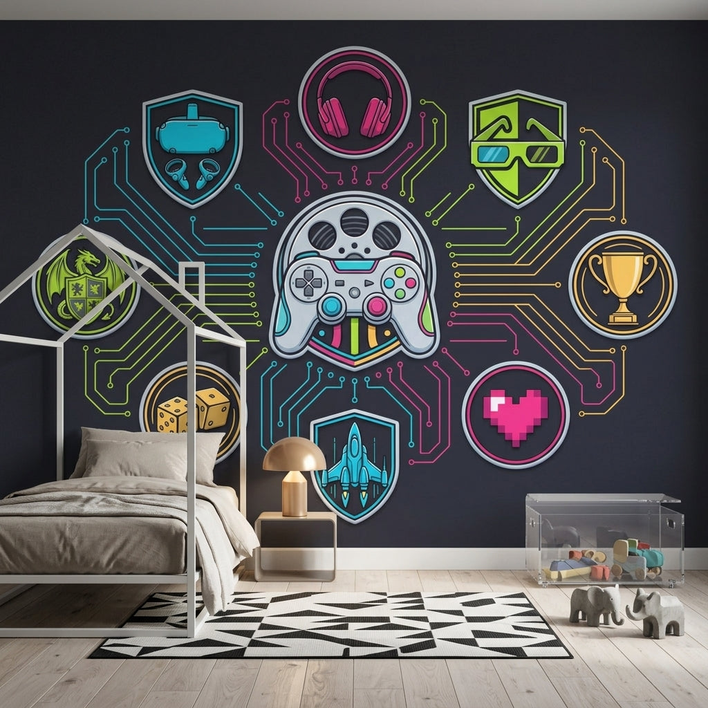 Neon Oyun Temalı Poster Duvar Kağıdı Siyah Genç Odası