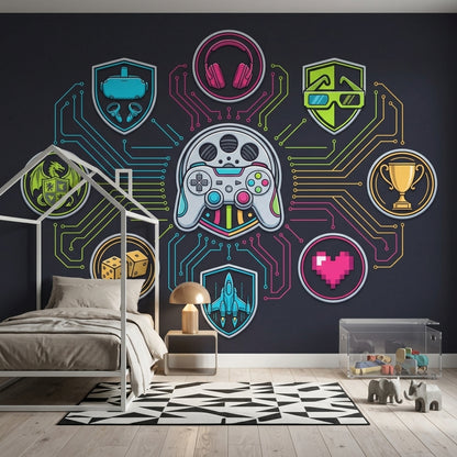 Neon Oyun Temalı Poster Duvar Kağıdı Siyah Genç Odası