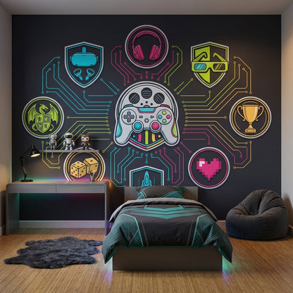 Neon Oyun Temalı Poster Duvar Kağıdı Siyah Genç Odası