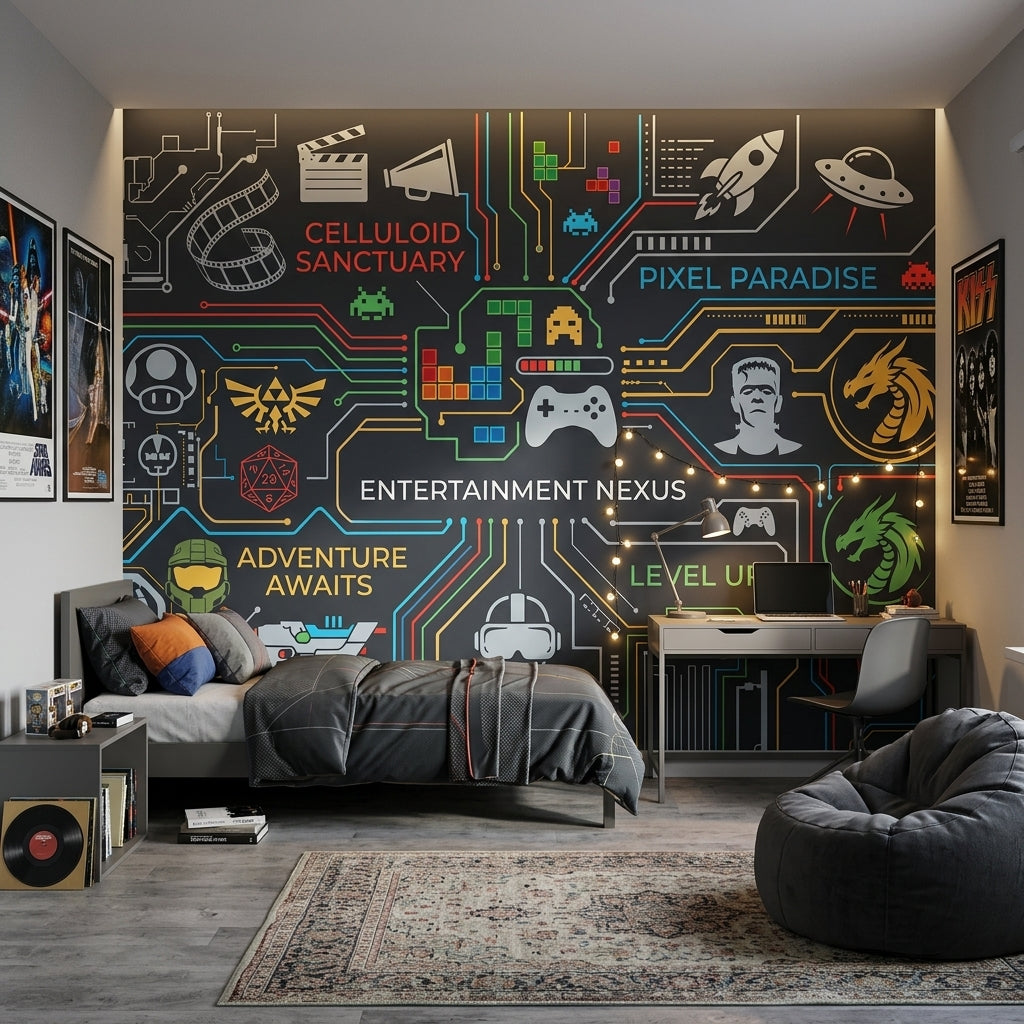 Oyun Temalı Poster Duvar Kağıdı Neon Devre Desenli Genç Odası