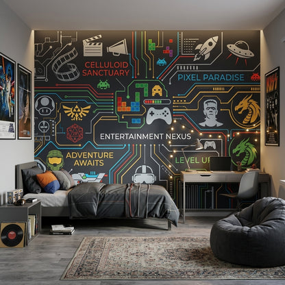 Oyun Temalı Poster Duvar Kağıdı Neon Devre Desenli Genç Odası