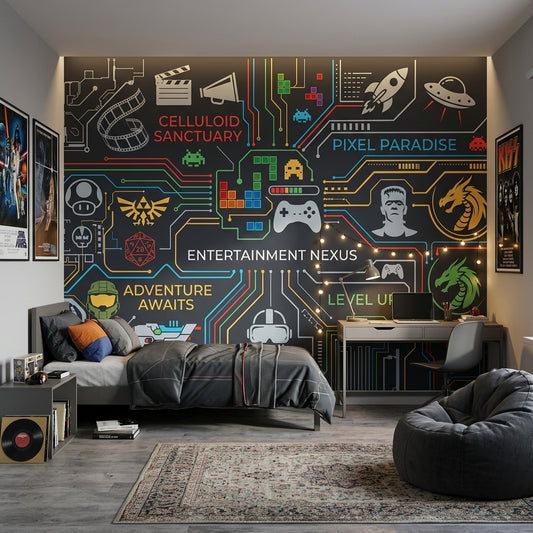 Oyun Temalı Poster Duvar Kağıdı Neon Devre Desenli Genç Odası