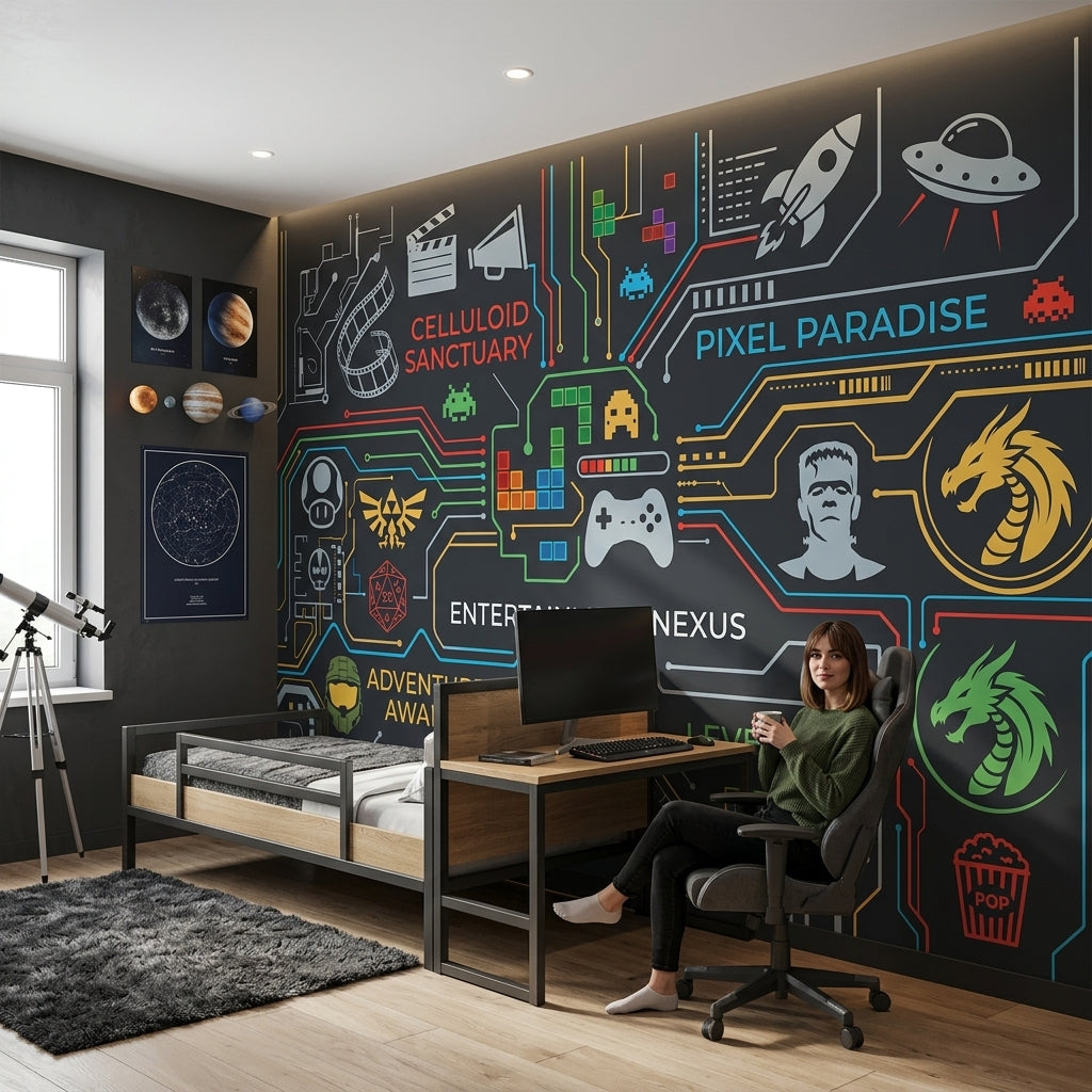 Oyun Temalı Poster Duvar Kağıdı Neon Devre Desenli Genç Odası