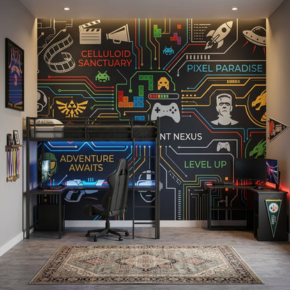 Oyun Temalı Poster Duvar Kağıdı Neon Devre Desenli Genç Odası