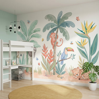 Jungle Hayvanlı Poster Duvar Kağıdı Pastel Çocuk Odası Desenli
