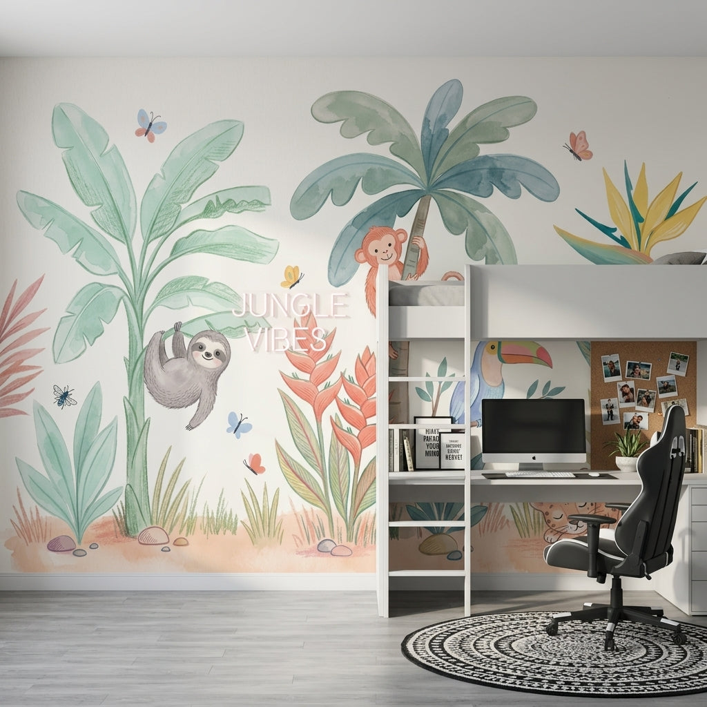 Jungle Hayvanlı Poster Duvar Kağıdı Pastel Çocuk Odası Desenli