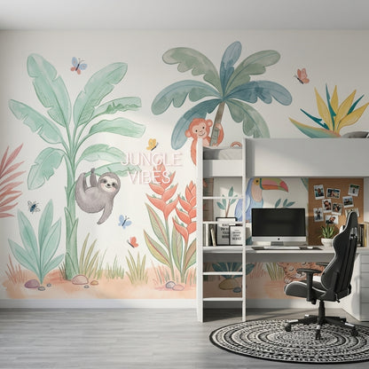 Jungle Hayvanlı Poster Duvar Kağıdı Pastel Çocuk Odası Desenli