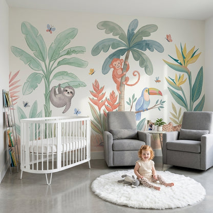 Jungle Hayvanlı Poster Duvar Kağıdı Pastel Çocuk Odası Desenli