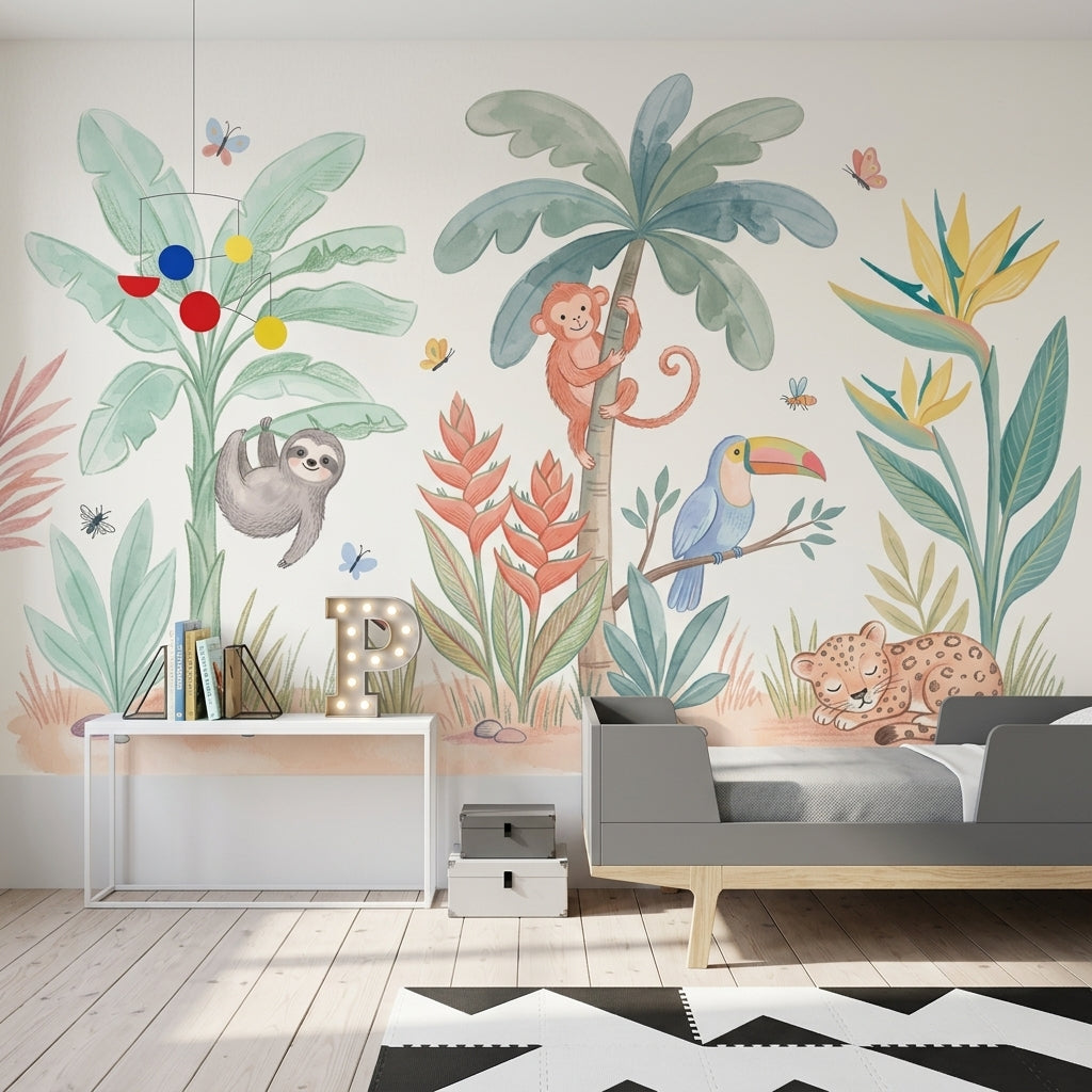 Jungle Hayvanlı Poster Duvar Kağıdı Pastel Çocuk Odası Desenli