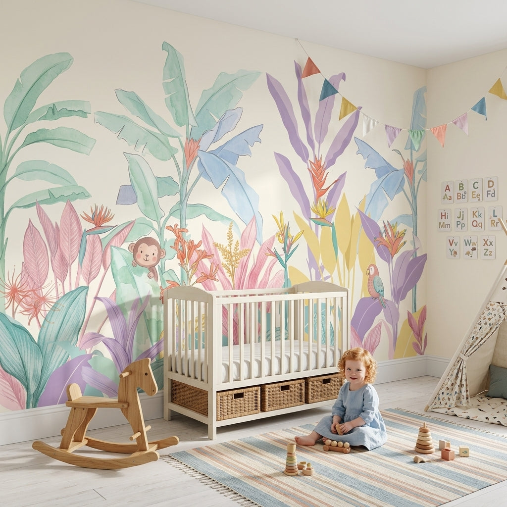 Pastel Tropikal Yapraklı Poster Duvar Kağıdı Bebek Odası