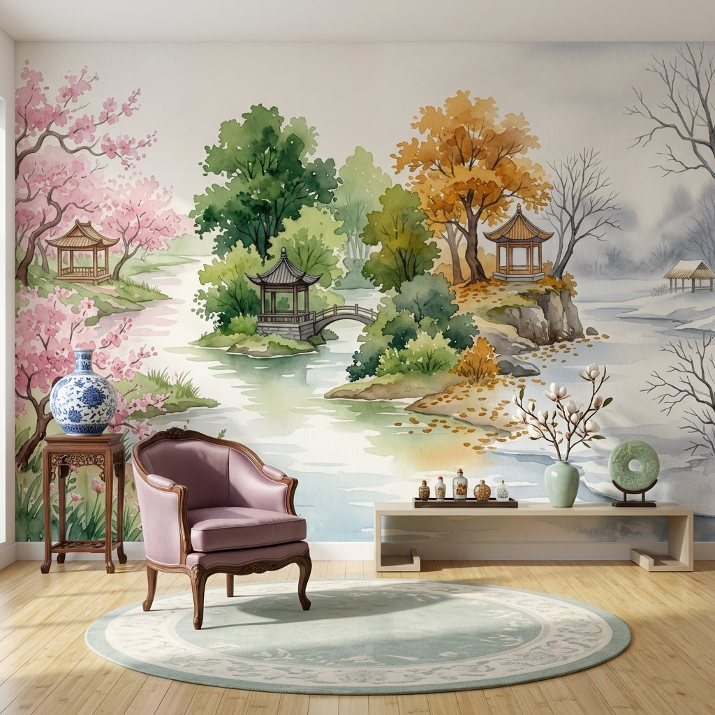 Uzak Doğu Manzaralı Poster Duvar Kağıdı Pastel Bahçe Salon