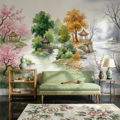 Uzak Doğu Manzaralı Poster Duvar Kağıdı Pastel Bahçe Salon