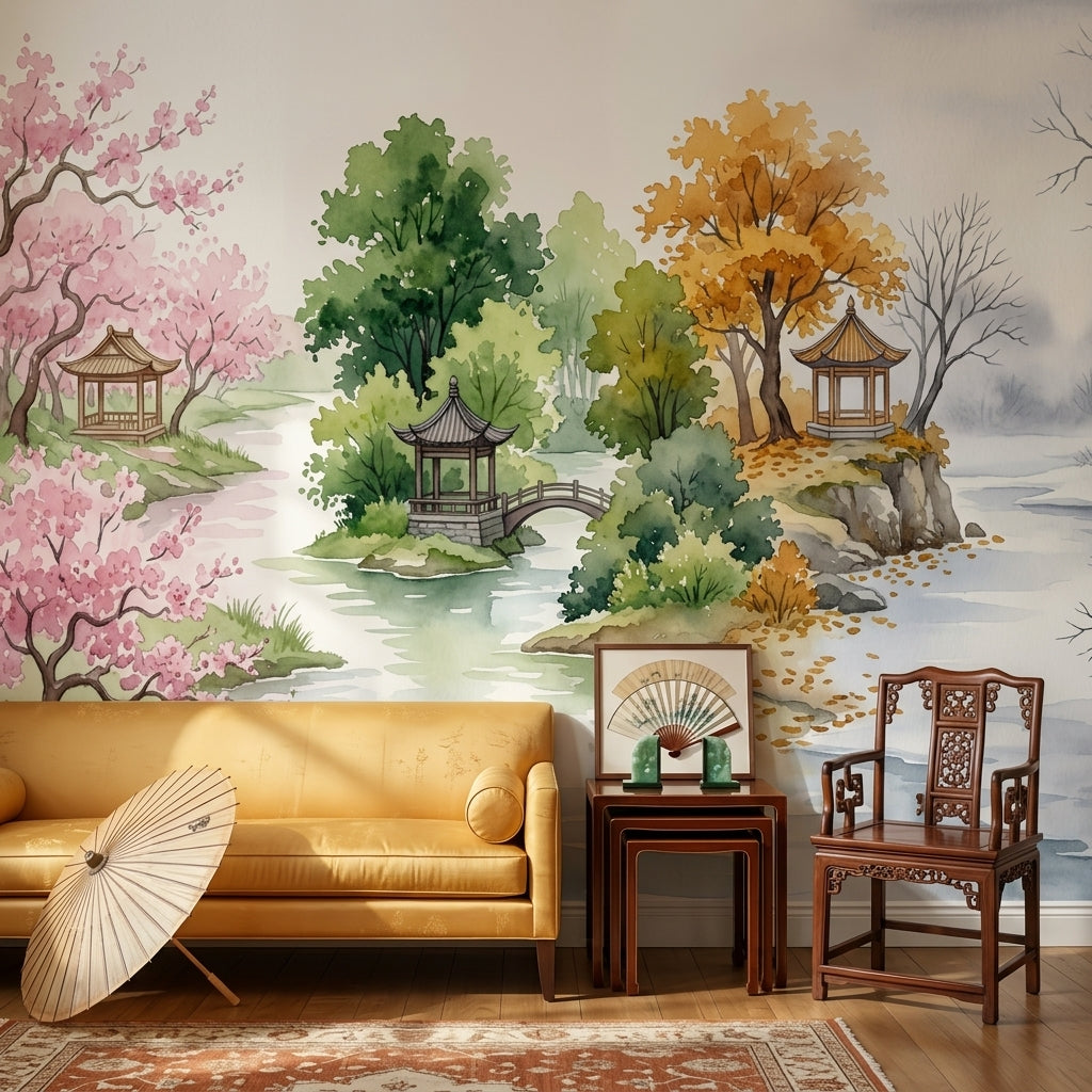 Uzak Doğu Manzaralı Poster Duvar Kağıdı Pastel Bahçe Salon