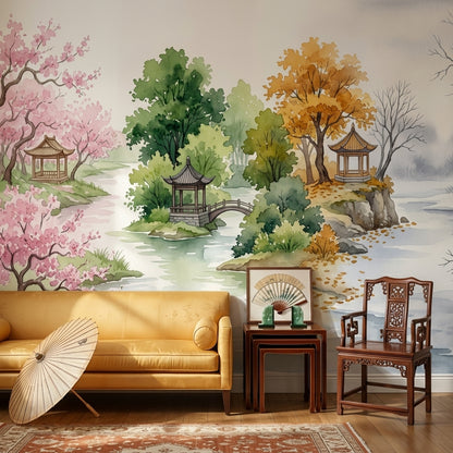 Uzak Doğu Manzaralı Poster Duvar Kağıdı Pastel Bahçe Salon