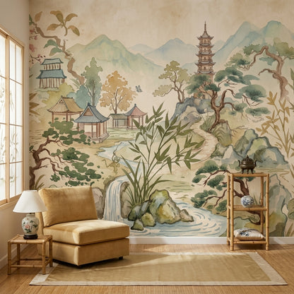 Uzak Doğu Manzaralı Poster Duvar Kağıdı Bej Yeşil Yatak Odası