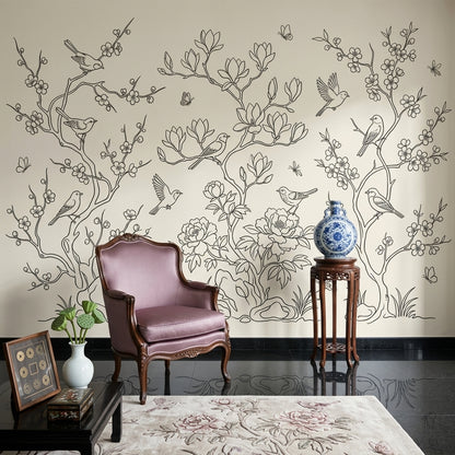 Kuşlu Çiçekli Poster Duvar Kağıdı Bej Çizgisel Salon