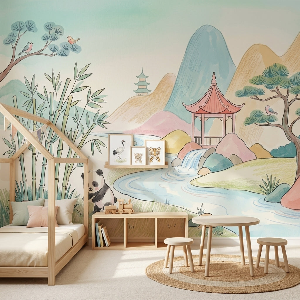 Pandalı Asya Manzarası Poster Duvar Kağıdı Pastel Çocuk Odası