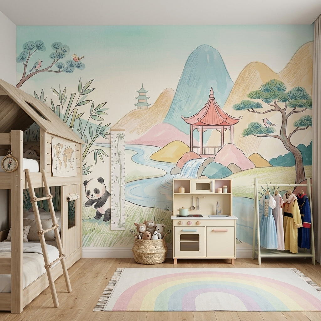 Pandalı Asya Manzarası Poster Duvar Kağıdı Pastel Çocuk Odası