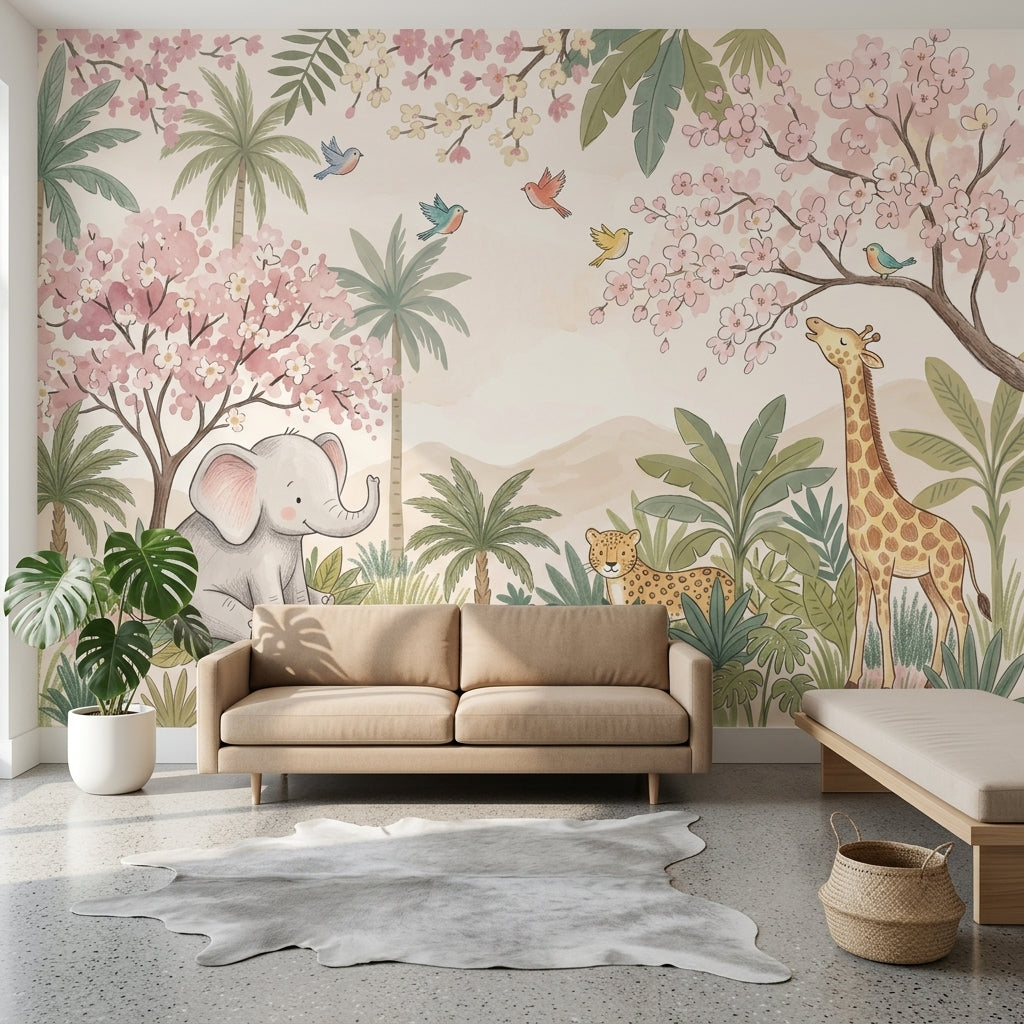 Safari Hayvanlı Poster Duvar Kağıdı Pastel Çocuk Odası